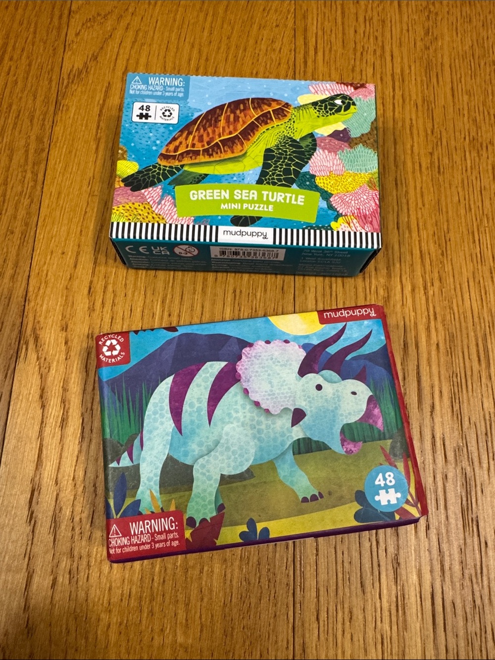 Mudpuppy Green Sea Turtle & Triceratops Mini Puzzle Duo - Blue, Green, Purple